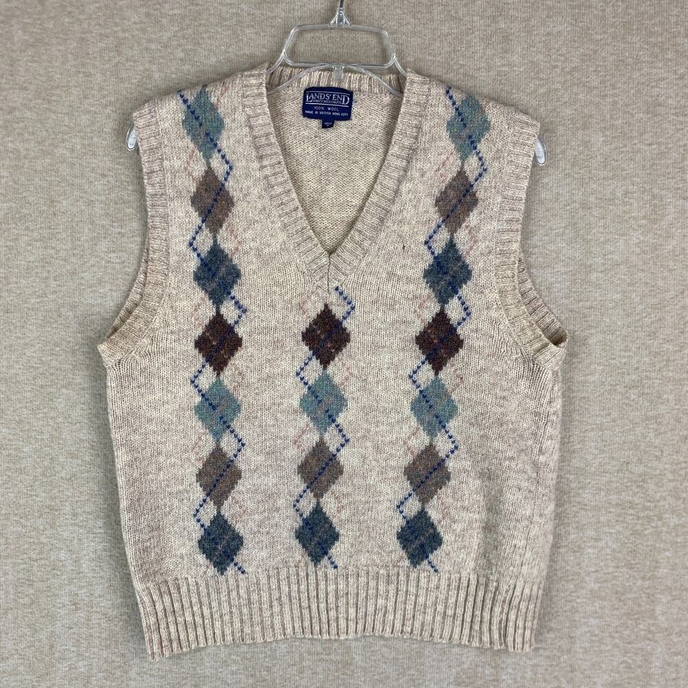 Vtg Lands' End 100% Wool Sweater Vest M Tan Argyle Hong Kong Academia Preppy Ivy